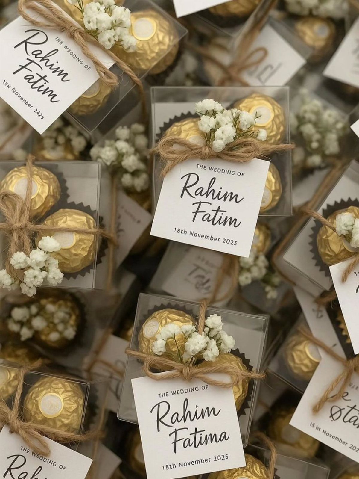Gold-wrapped chocolate truffles in clear boxes with twine and wedding name tags.