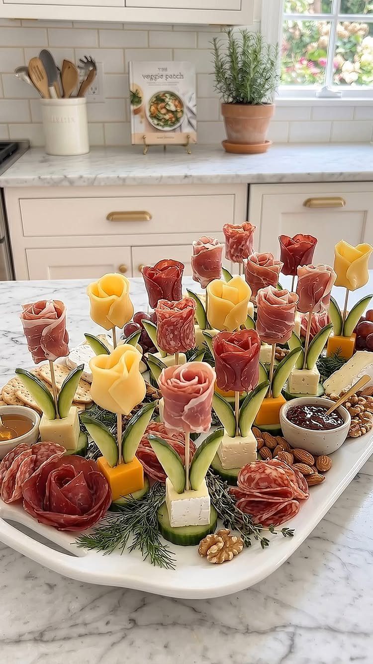 Charcuterie platter with salami and cheese rolled into flower shapes on a marble counter.