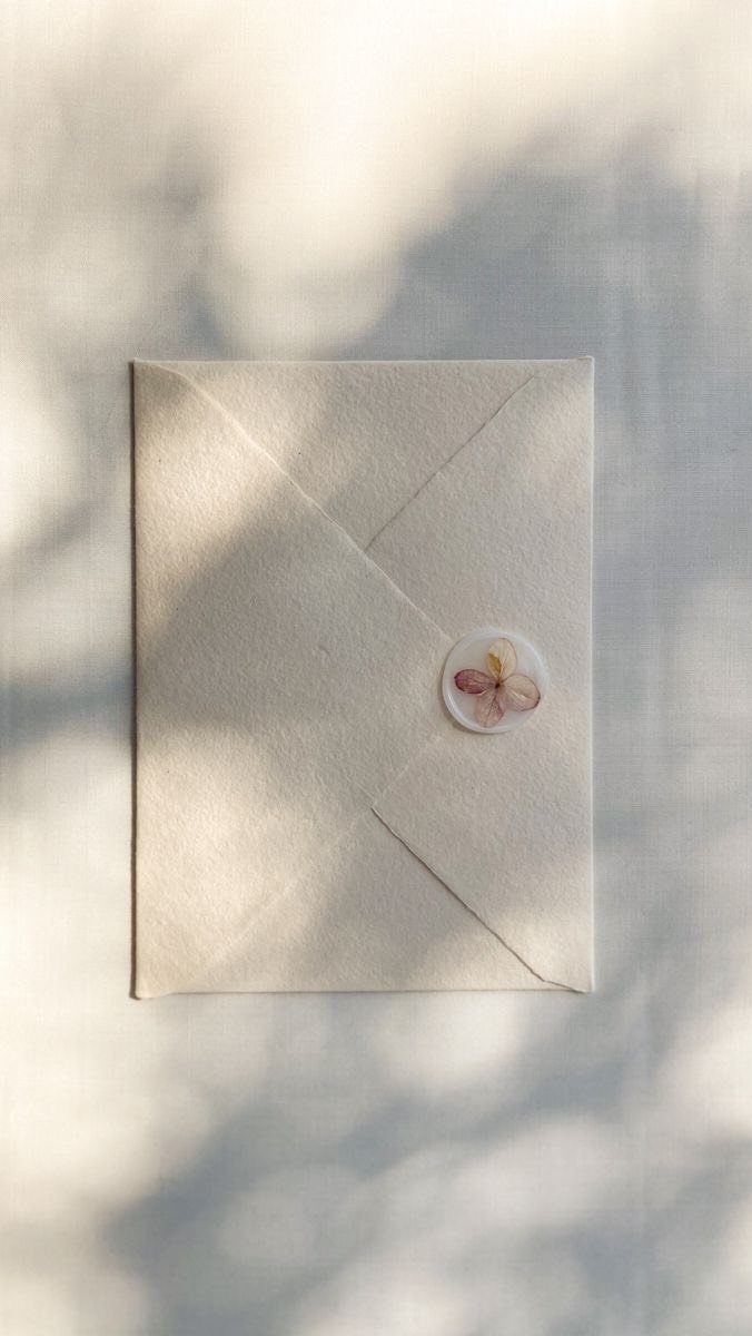 Cream textured envelope with a pressed flower wax seal on a fabric background.