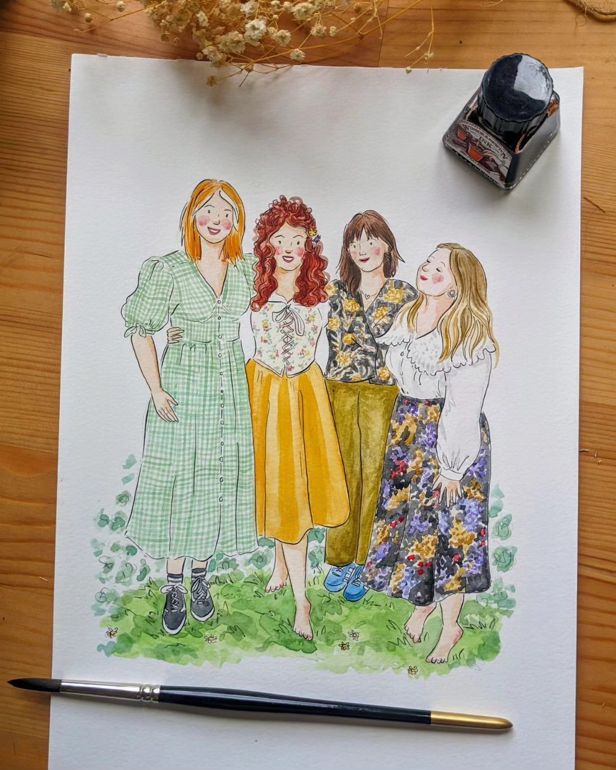 Watercolor illustration of four women standing together on a white paper background.