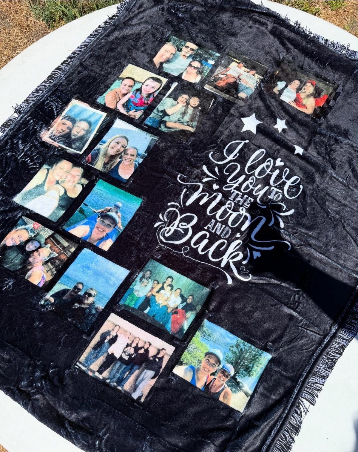 Black plush blanket with a photo collage and 'I love you' text.