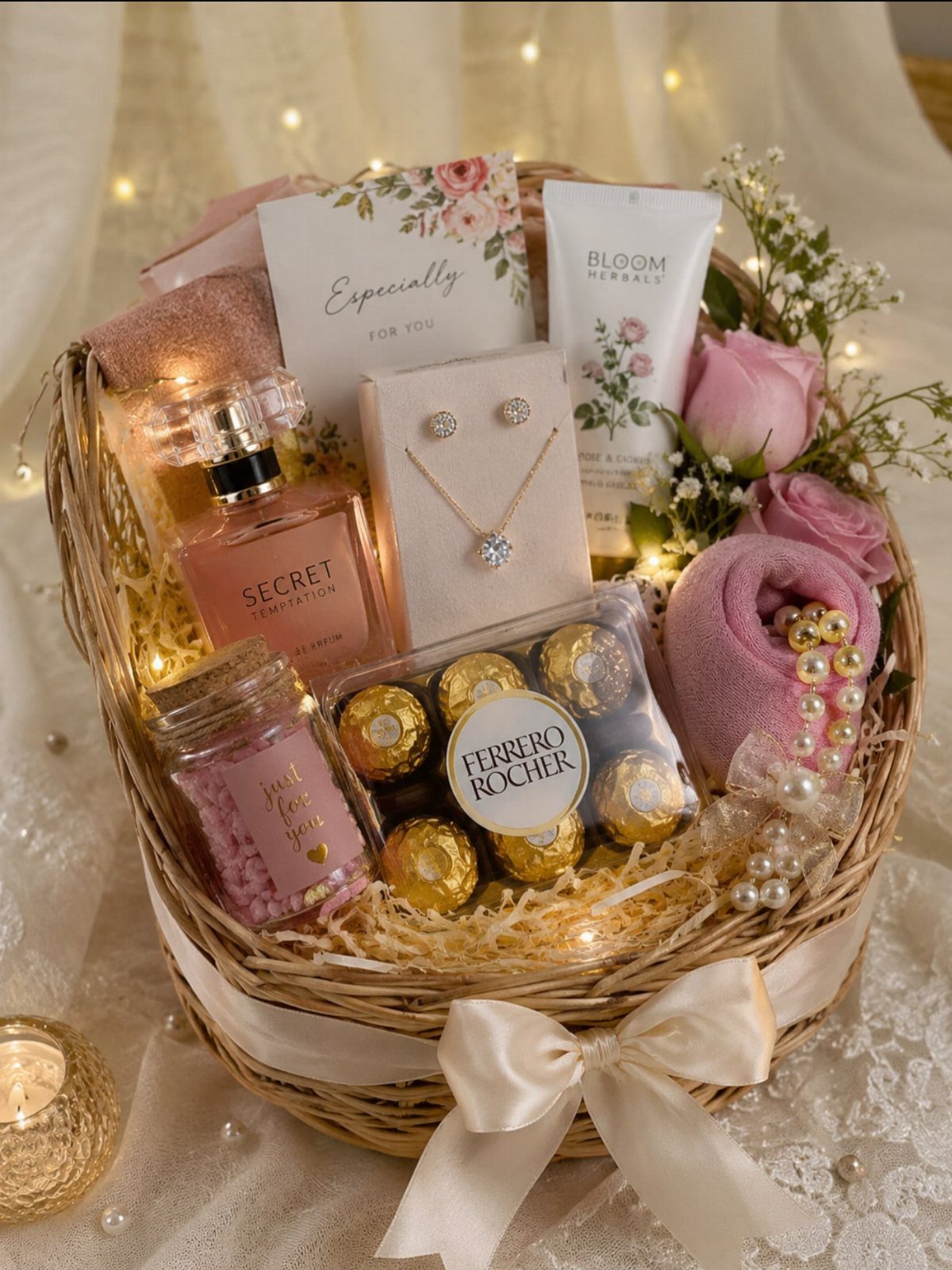 Gift basket with pink perfume, jewelry, chocolates, and roses tied with a white bow.