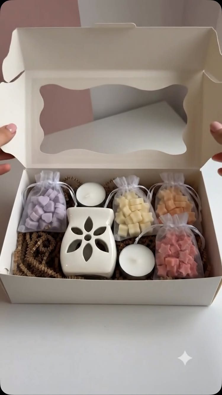 White ceramic wax warmer and colorful wax melts in a white gift box.