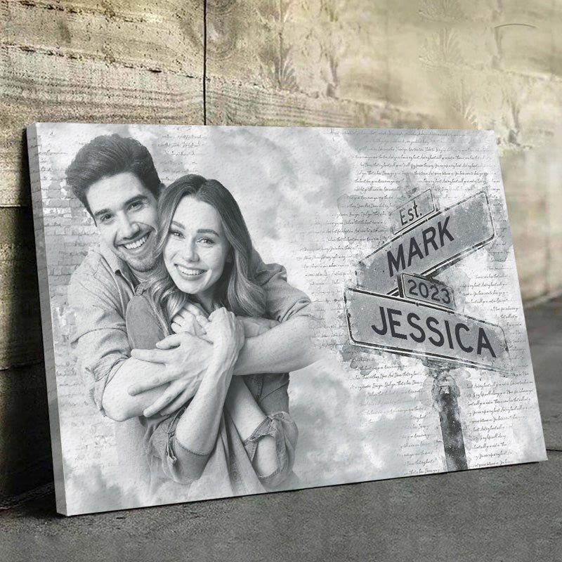 Custom grayscale canvas portrait of a couple with personalized name street signs.