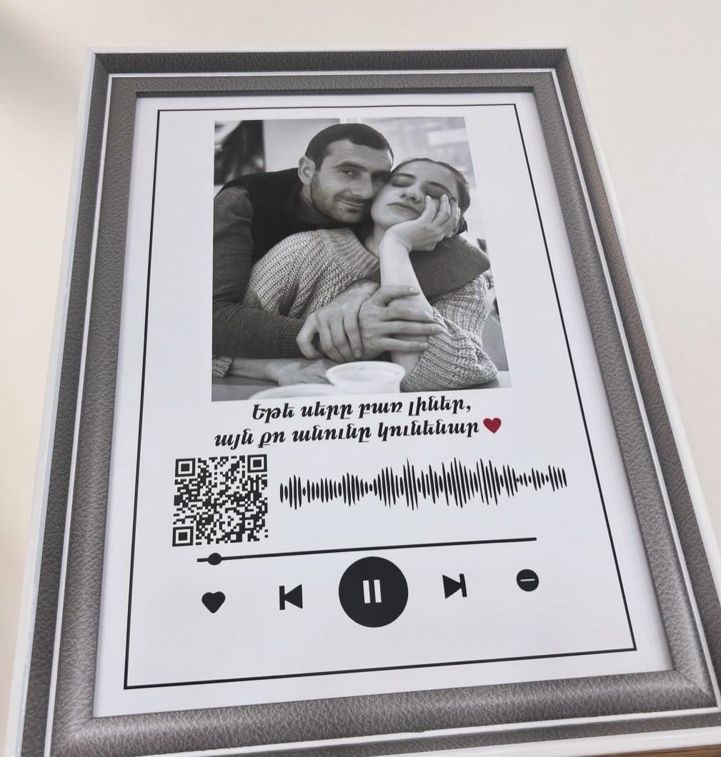 Framed custom soundwave art with a couple's photo and music player interface.
