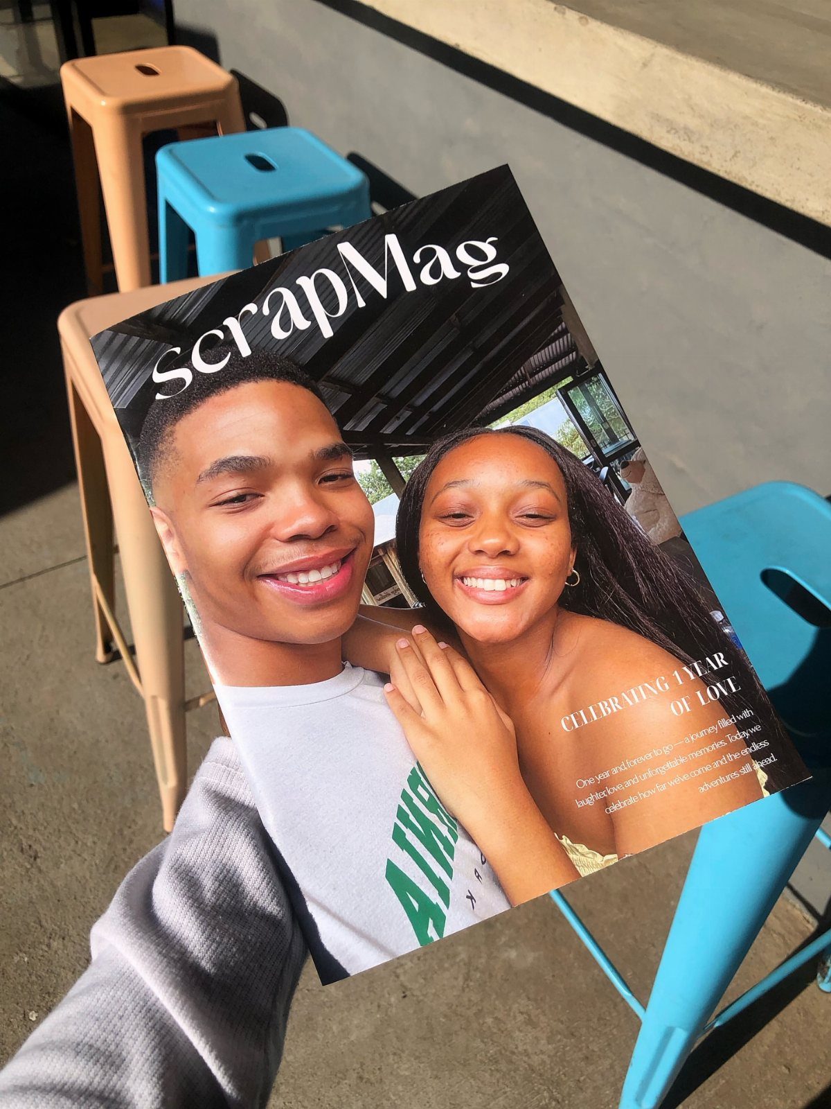 Custom magazine cover featuring a smiling young couple titled ScrapMag held outdoors