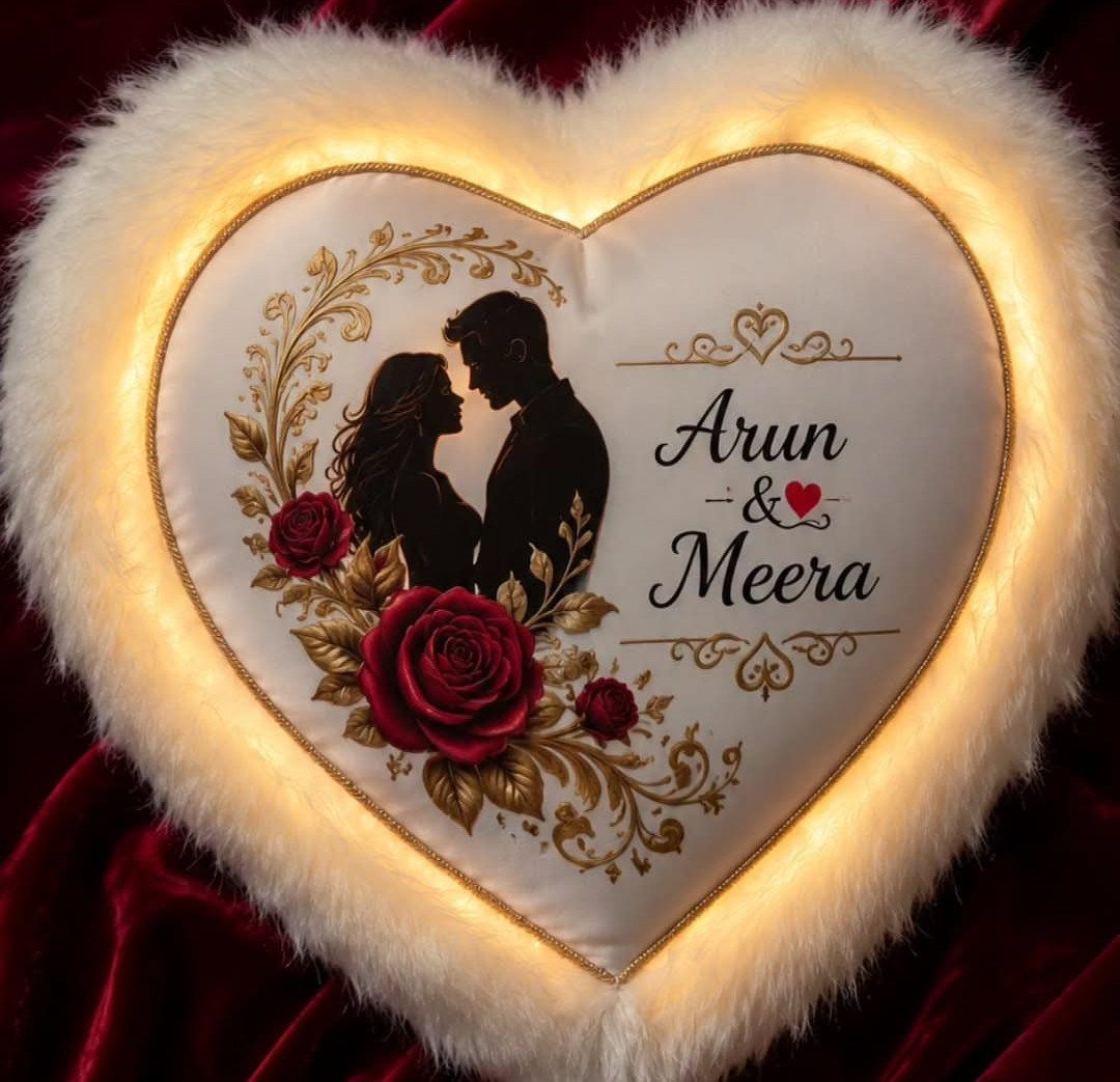Heart-shaped fluffy pillow with couple silhouette, red roses, and personalized names Arun and Meera.
