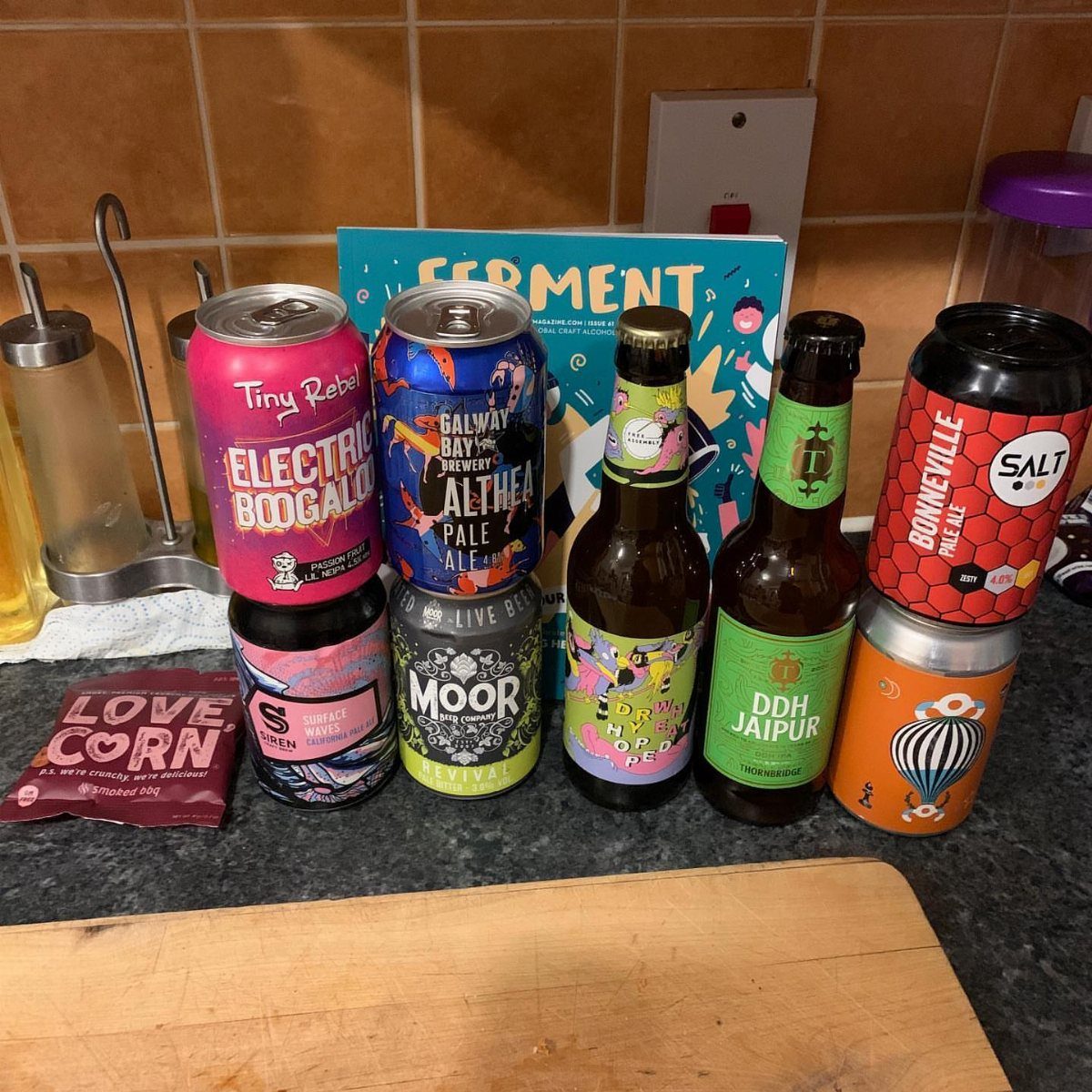 Assorted craft beer cans and bottles arranged on a kitchen counter with a book.