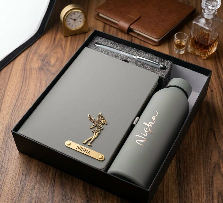 Customized gift set with grey notebook, water bottle, and pen in black box