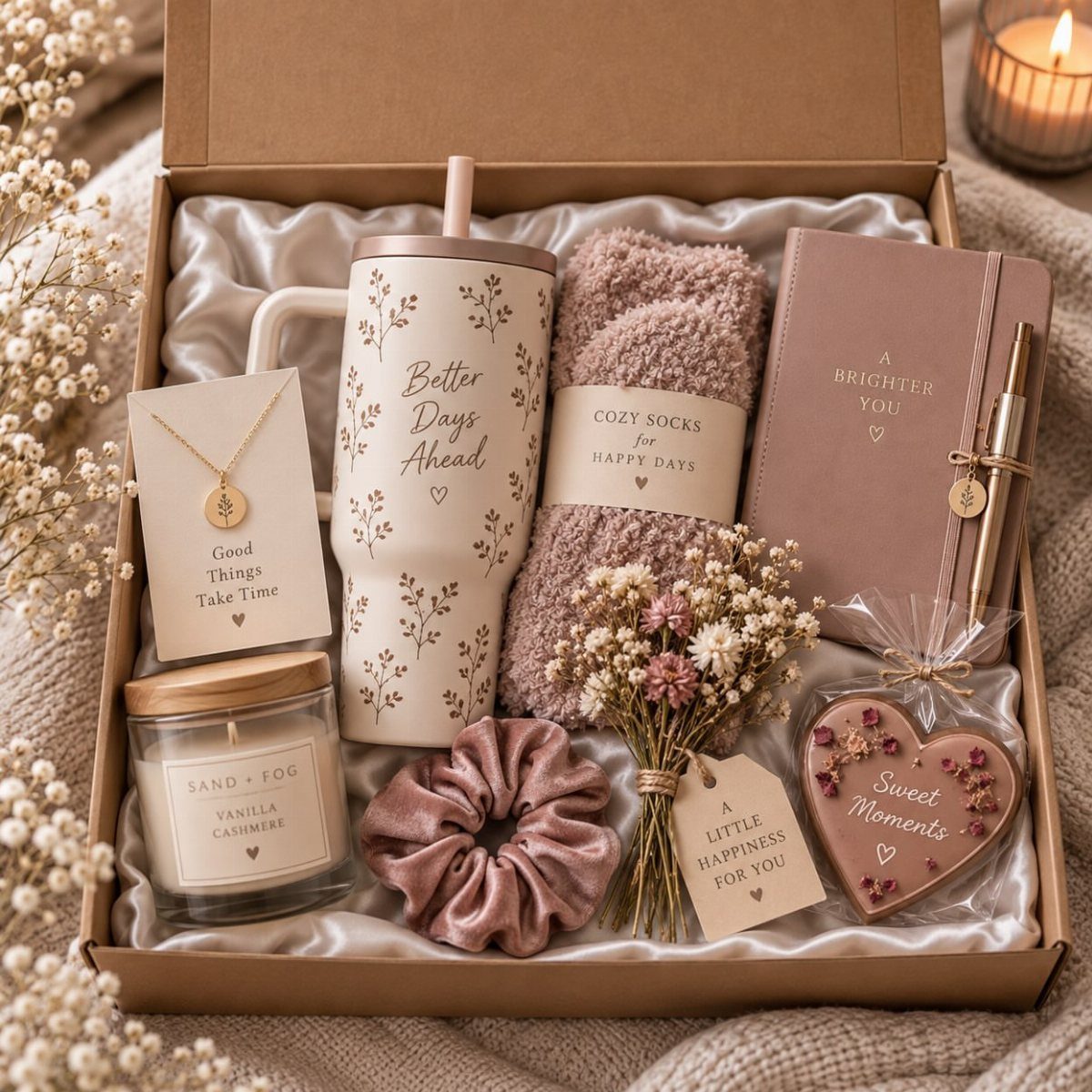 Gift box with tumbler, fuzzy socks, notebook, candle, and heart-shaped soap on satin.