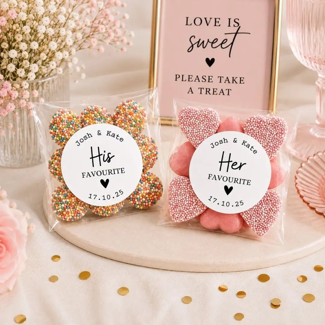 Two clear bags of heart-shaped candies with personalized labels on a beige plate.