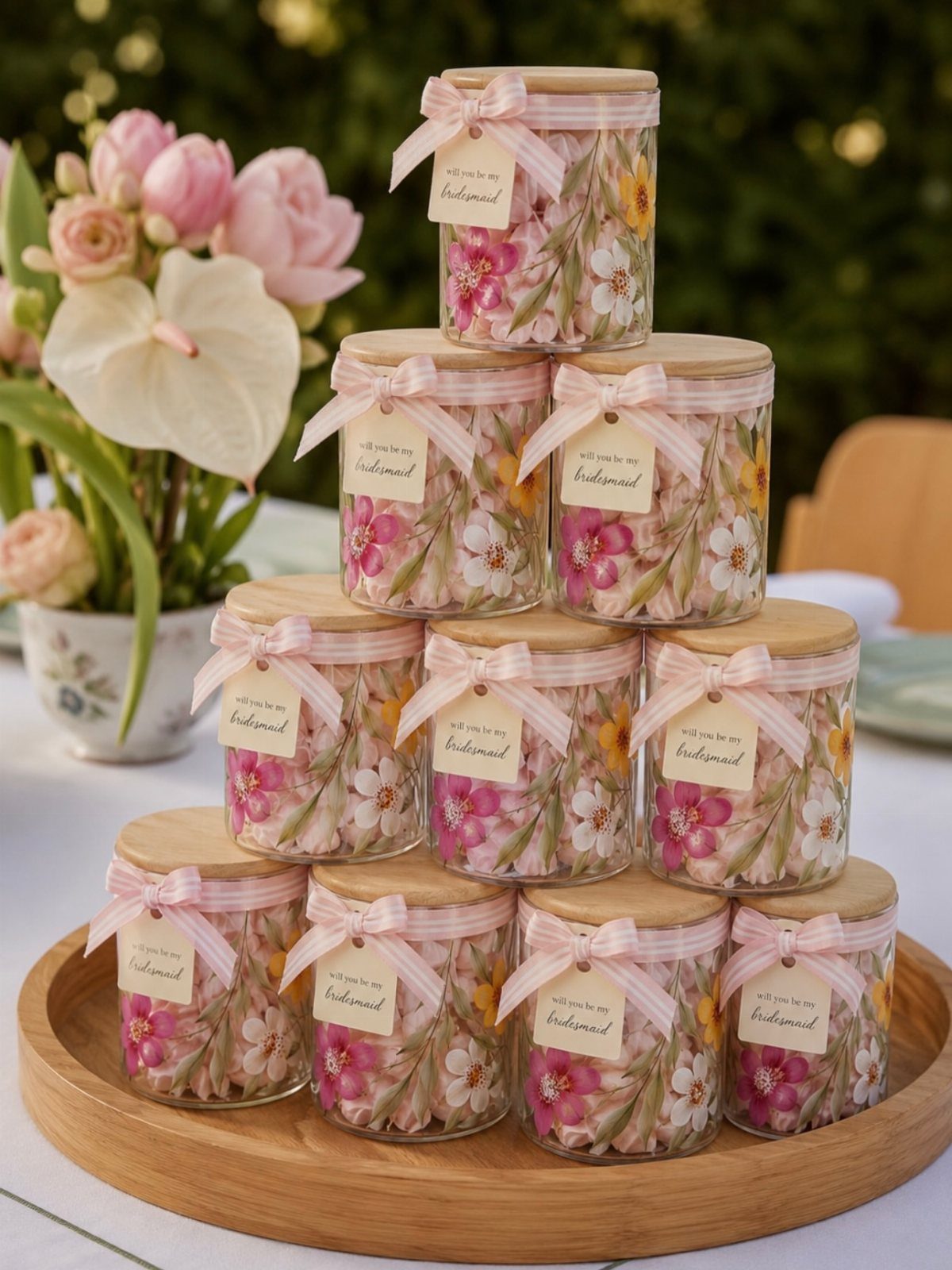 Glass jars filled with dried flower petals arranged in a pyramid on a tray.