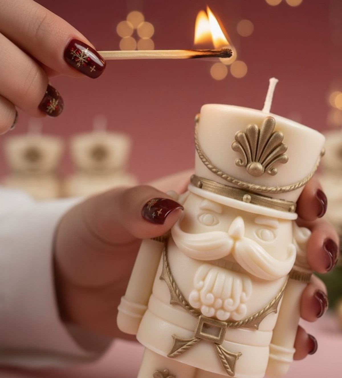 Nutcracker shaped cream candle being lit by a match held by a hand.