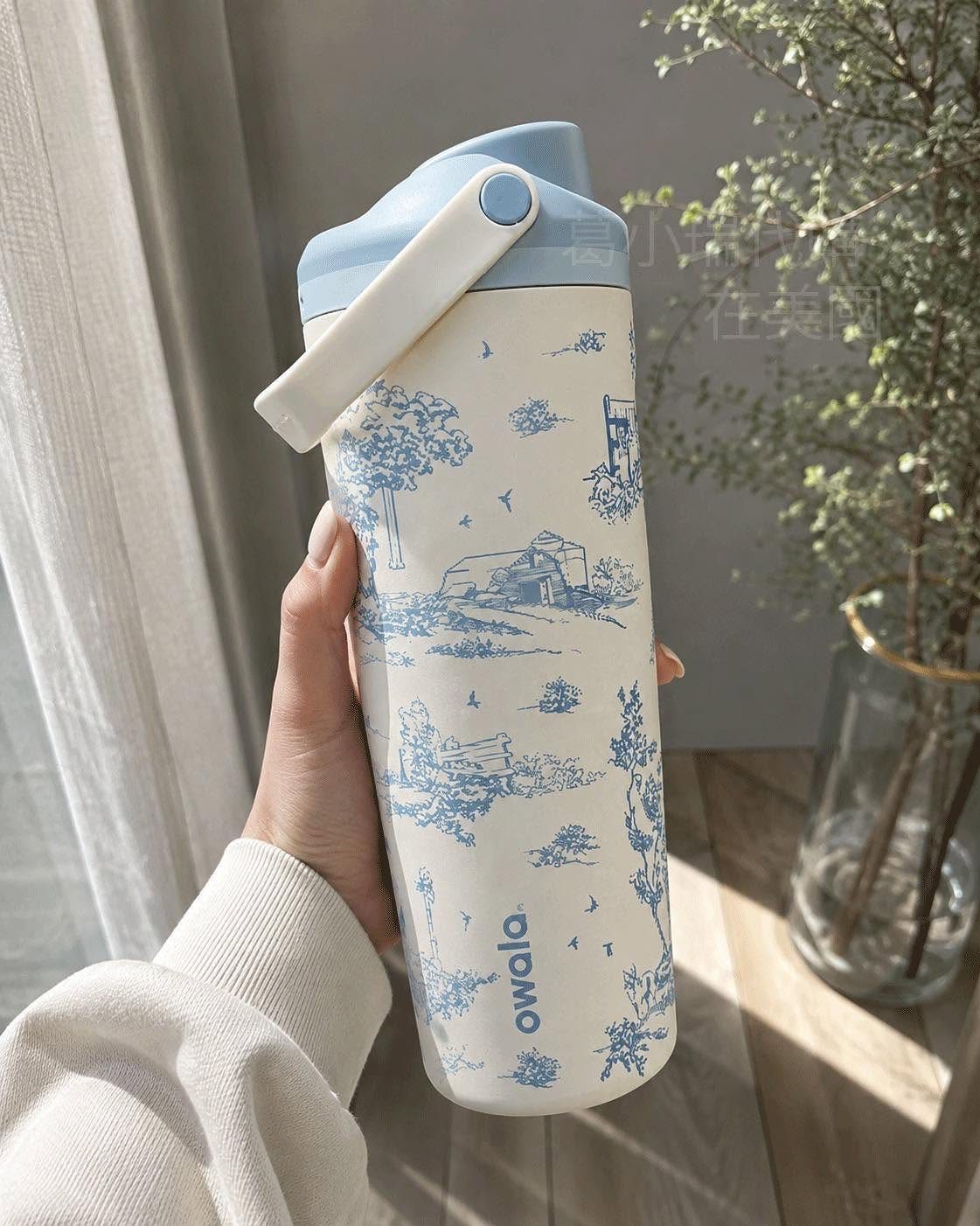 Owala water bottle with blue landscape pattern held by a person's hand indoors.