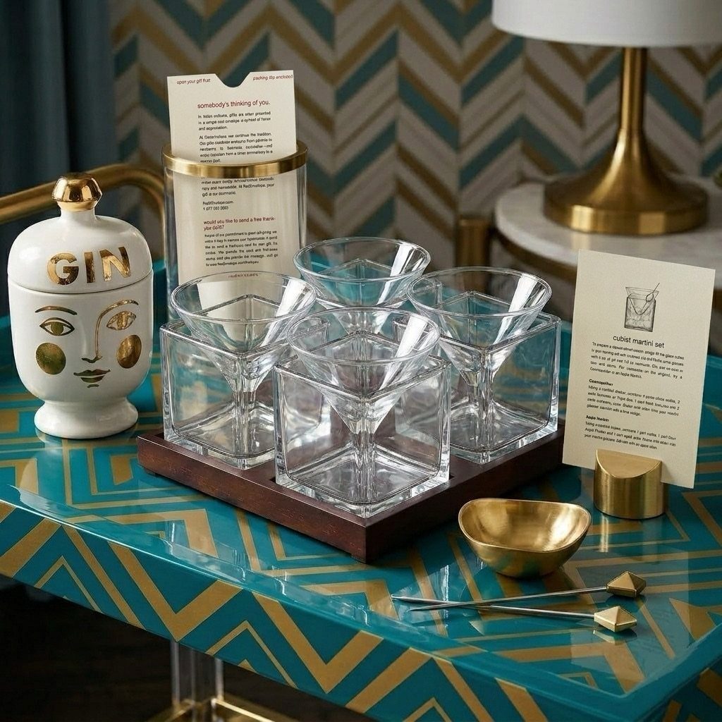 Martini glasses on a wooden tray with a gin jar and gold accessories.