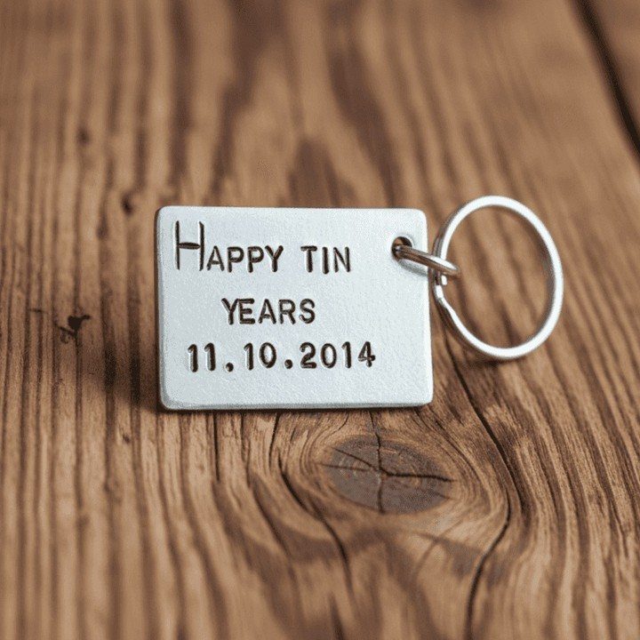 Silver metal keychain engraved with Happy Tin Years on a wooden background