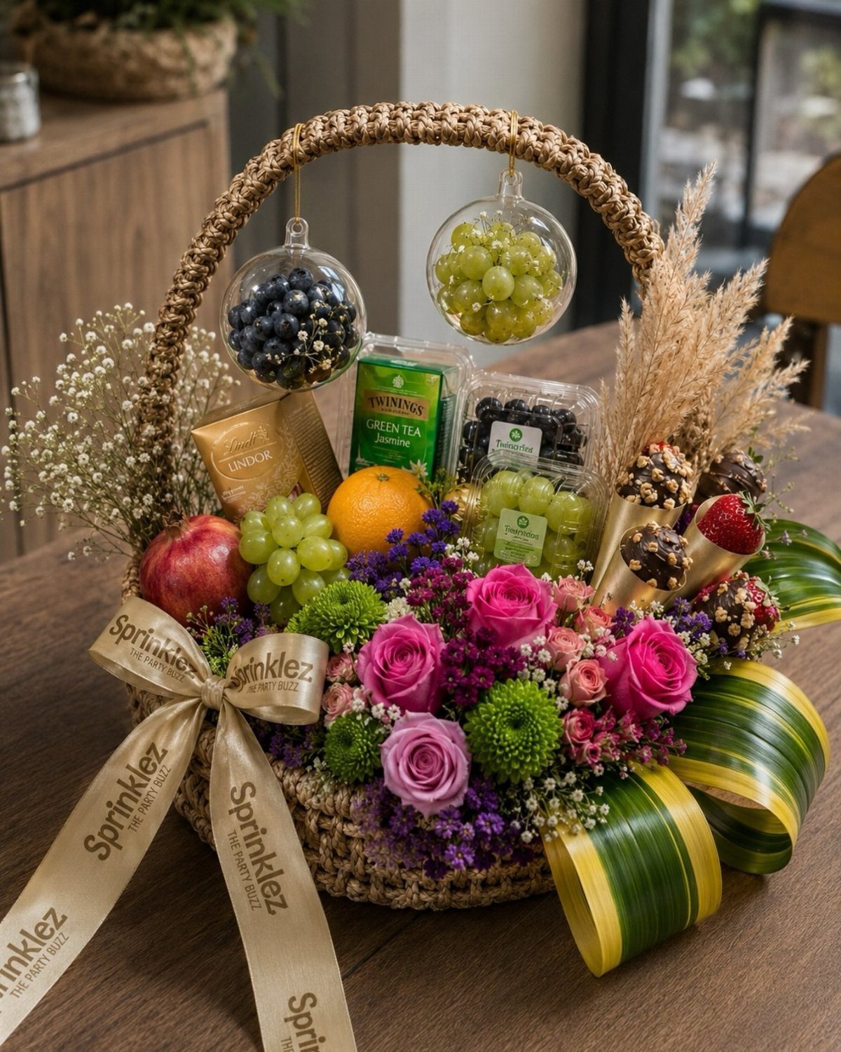 Woven gift basket with pink roses, fresh fruits, and chocolates tied with ribbon.